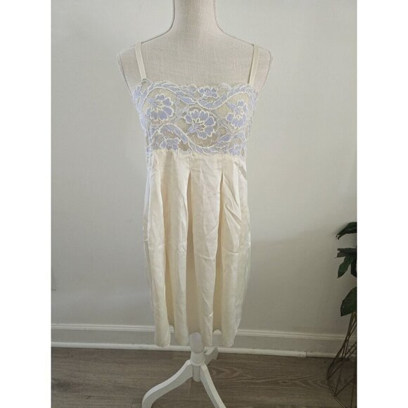 Saks Fifth Avenue Silk Lace Satin Chemise Nighty Blue Cream Vintage Slip Dress M - Picture 1 of 8